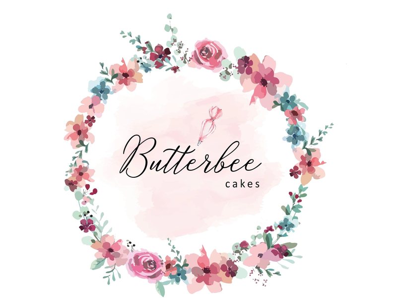 Butterbee Cakes logo: the name in handwritten script inside a wreath of watercolour flowers